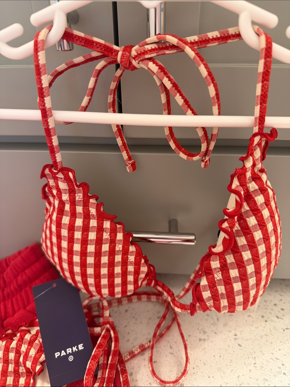 Parke bikini top in a adorable red and white check in size small